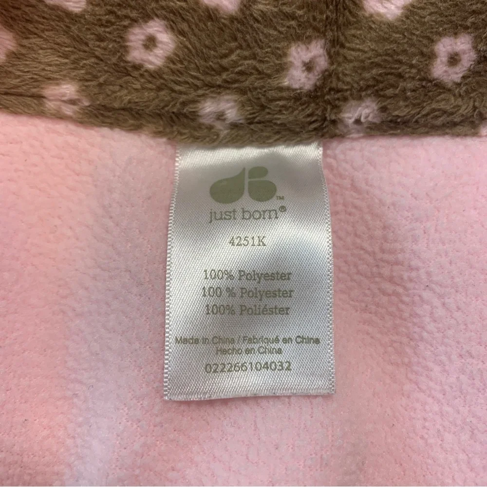 Just Born Pink Plush Baby Blanket Olive Green Floral Daisy Trim‎ Fleece 1614